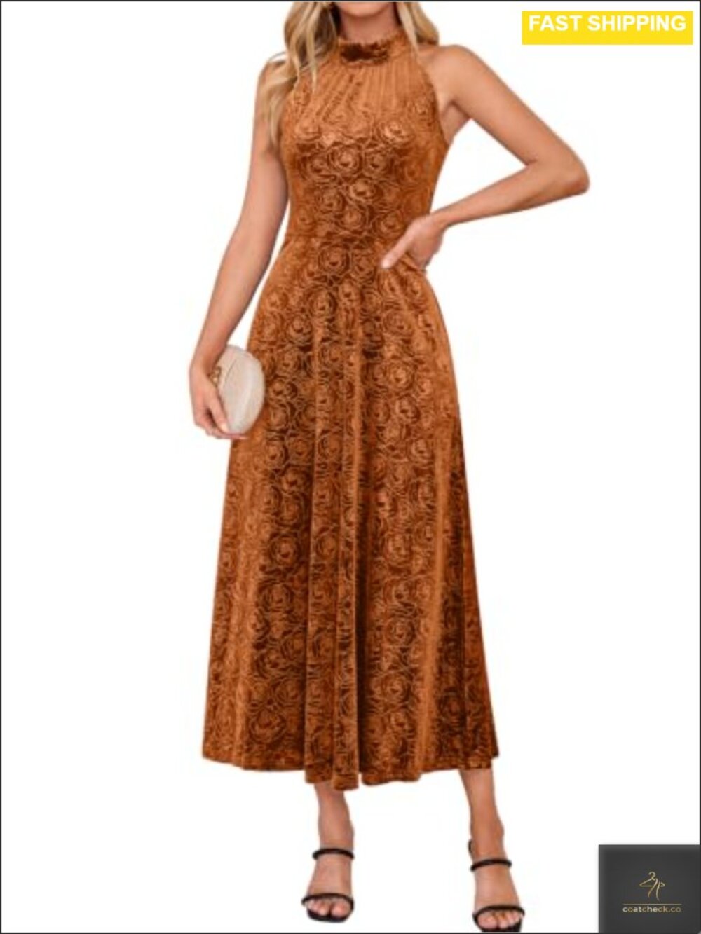 Halter Neck Velvet Maxi Dress Sleeveless A-Line Wedding Guest Cocktail